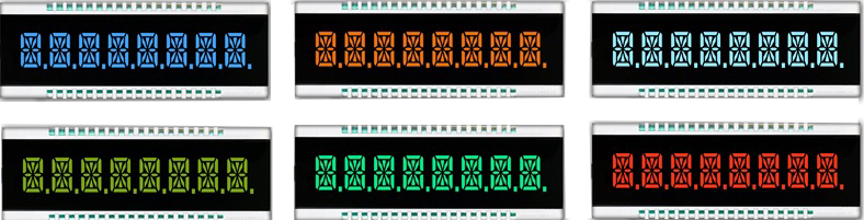 Pantalla Orient: LCD VTN, LCD nemático torcido de alineación vertical, LCD de segmento monocromático, múltiples colores de retroiluminación LED