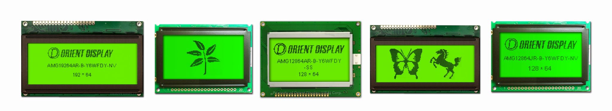 Orientare il display: display LCD grafico COB/Chip on Board, scelte di risoluzione multiple, STN positivo, retroilluminazione a LED giallo verde