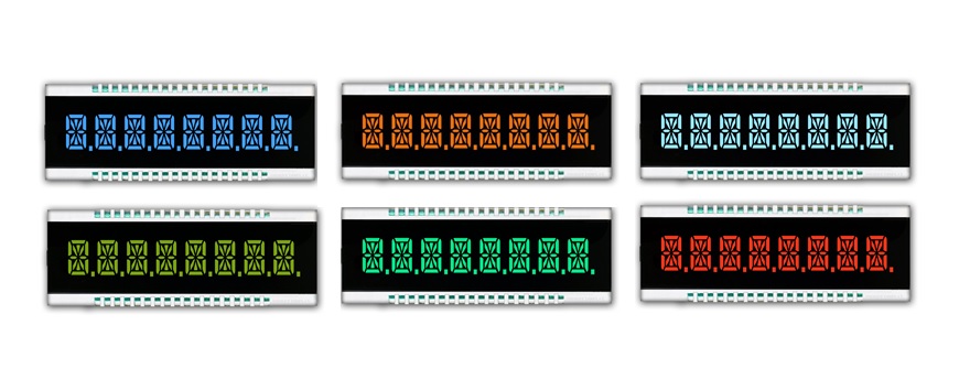 Visor Oriente: LCD VTN, LCD Nematic torcido de alinhamento vertical, LCD de segmento monocromático, várias cores de luz de fundo de LED