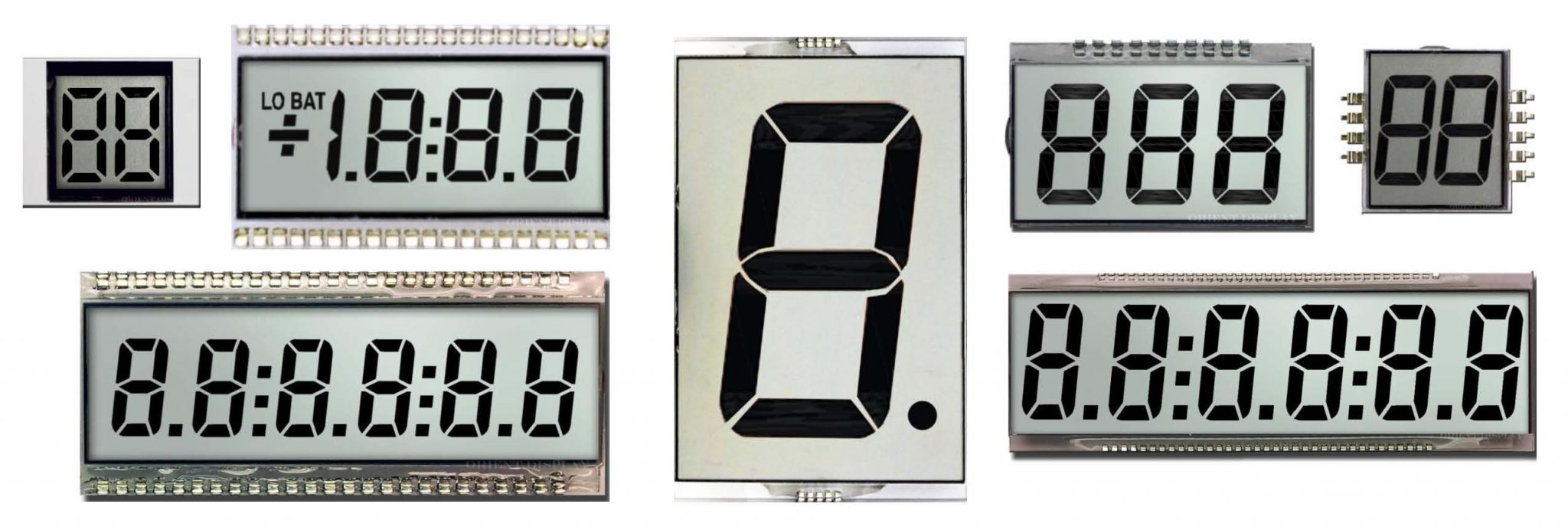 Orient Display: Painéis de vidro LCD/tela LCD de segmentos - 1 a 8 dígitos, modo LCD positivo TN, várias opções de tamanhos