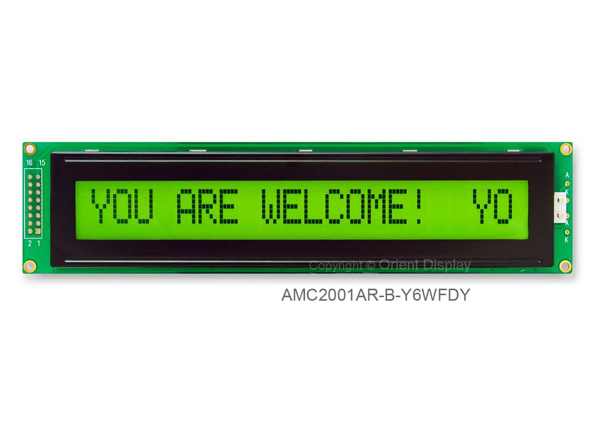 20x1 Character LCD. AMC2001AR-B-Y6WFDY | Orient Display 20x1 Character LCD. AMC2001AR-B-Y6WFDY | Orient Display